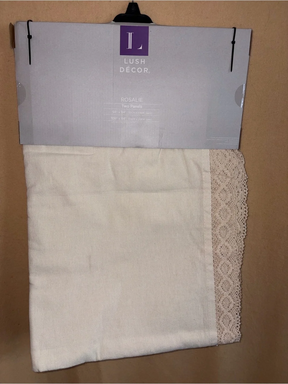 Pair Lush Decor Linen Look Beige Curtain Panels with White Lace Trim -NWT